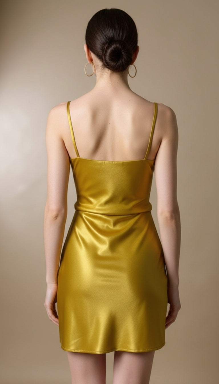 VESTIDO DORADO CON FRUNCIDO EN CINTURA